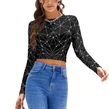 Women's Black Geometric Print Backless Long Sleeve Short Top
