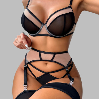 Women's Contrast Mesh Three Piece Lingerie Set