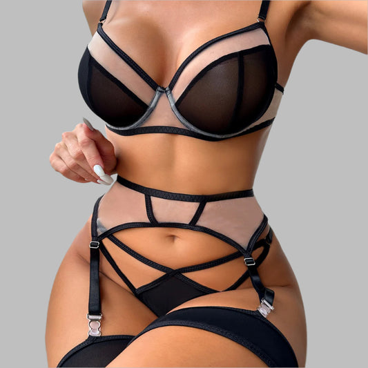 Women's Contrast Mesh Three Piece Lingerie Set