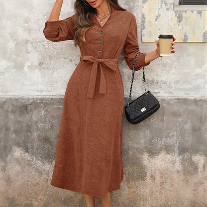 Women's Brown Ribbed Long Sleeved Tie Waist Midi Dress