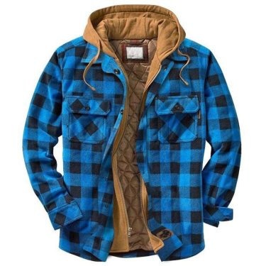 Men's Check Striped Plaid Lined Hooded Jacket Long Sleeve Button Front Shirt