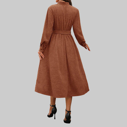 Women's Brown Ribbed Long Sleeved Tie Waist Midi Dress