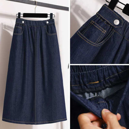 Women's Plus Size Dark Denim Skirt Elastic Waist Loose A-line Maxi