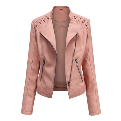 Women's PU Leather Jacket Long Sleeved Pockets Shoulder Detail Fitted Waist Zip Pockets Casual Fashion