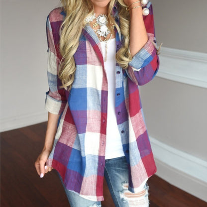 Women's Check Plaid Button Front Long Sleeve Cotton Shirt