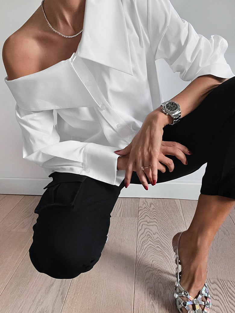 Women's White Off Shoulder Irregular Collar Loose Shirt