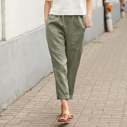 Women's Linen Cotton Loose Fit Straight Leg Cropped Trousers