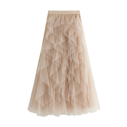 Women's Mesh Layered Elastic Waist Midi Skirt