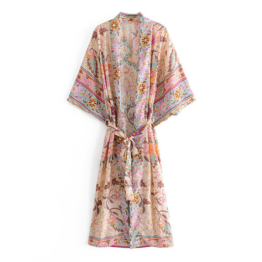 Women's Bohemian Pink Floral Kimono Robe