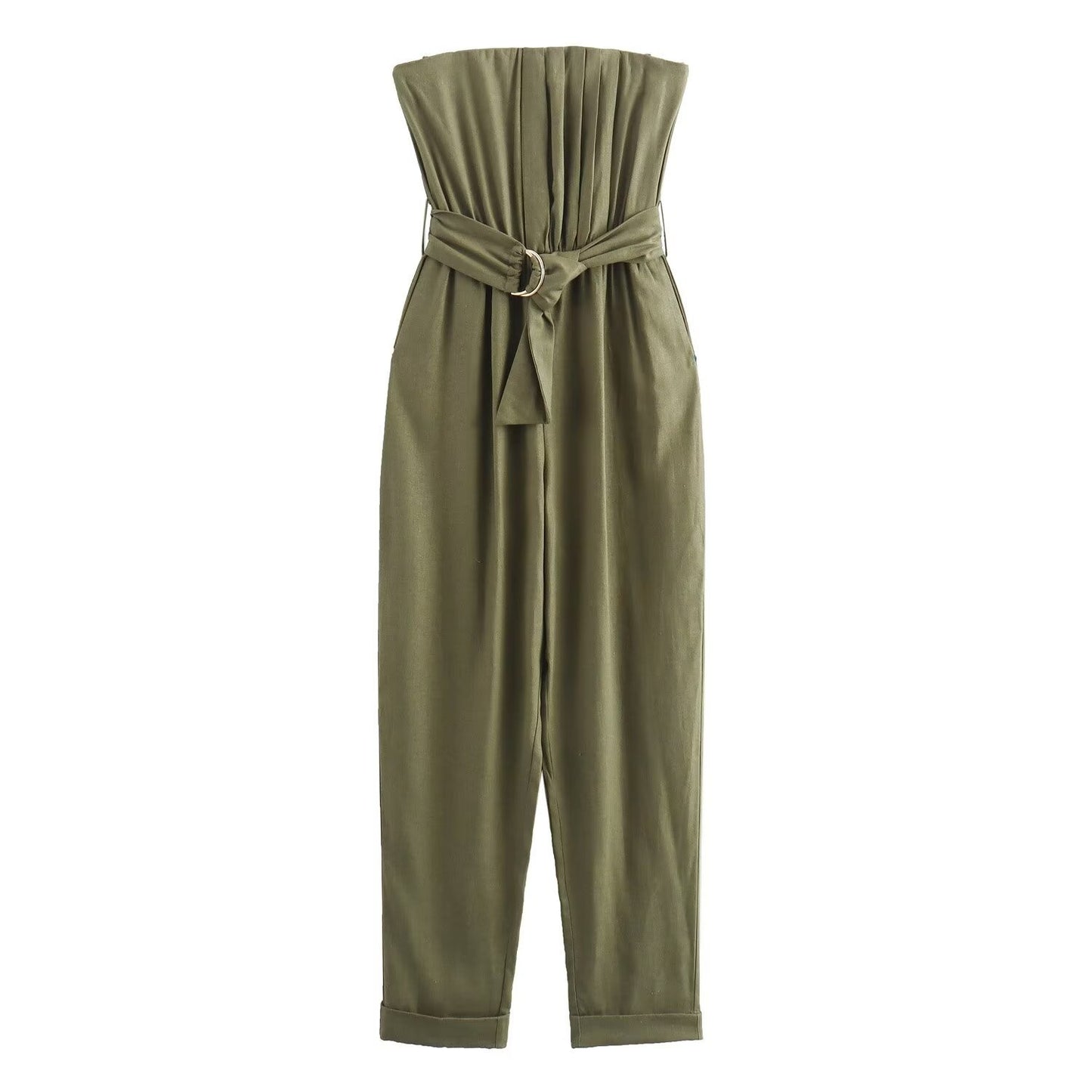 Women's Green Bandeau Jumpsuit Linen Feel Strapless Fitted Belted Waist