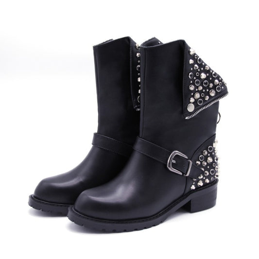 Women's Faux Leather Stud Rivet Detail Punk Calf Boots