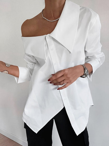 Women's White Off Shoulder Irregular Collar Loose Shirt