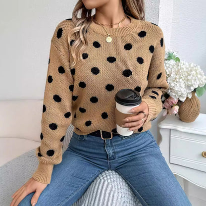 Women's Knitted Contrast Colour Polka Dot Jumper Long Sleeve Round Neck Sweater