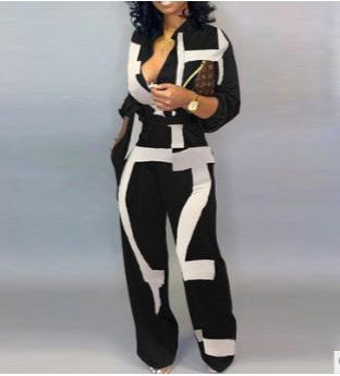 Women's Pattern Print Jumpsuit Long Sleeve Button Front Tie Belt Waist Wide Leg Outfit