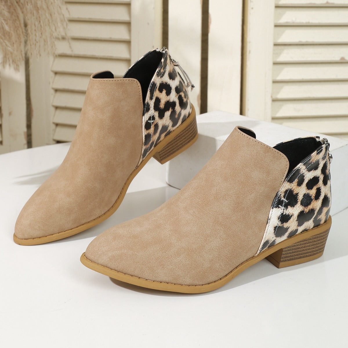 Women's Suede Leopard Print Ankle Boots Pointed Low Thick Heels Back Zipper Shoes