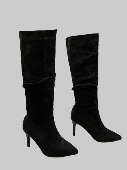 Women's Faux Suede Ruched Pull On Knee High Boots