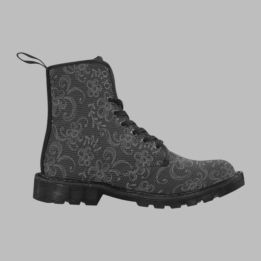 Women's Black Lace Print Lace Up Canvas Doc Style Boots