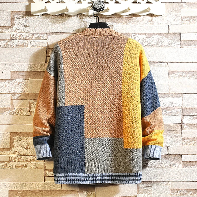 Men's Vintage Stitching Colours Cardigan V-Neck Long Sleeve Button Front Knitwear