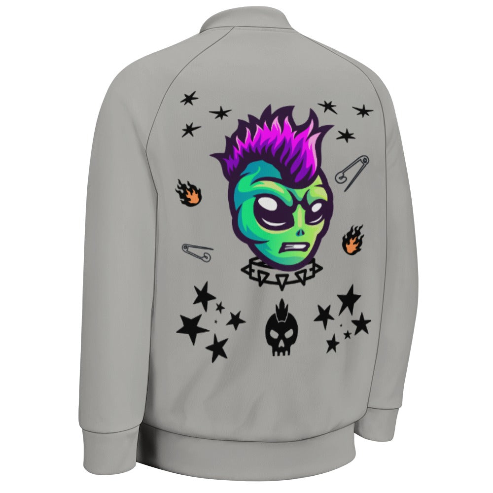 TABOO TIDE Men's Alien Punk Print Jersey Baseball Style Jacket Sweater Front and Back Design Cuff Hem Long Sleeve Button Front Side Pockets - All Sizes XXS to 6XL