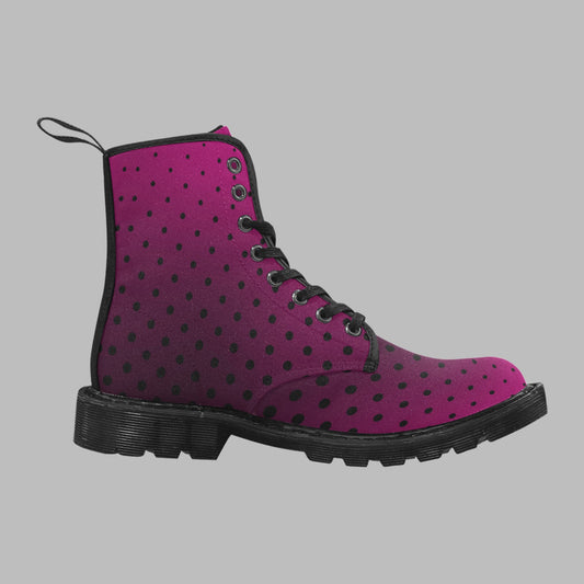 Women's Pink Black Ombre Polka Dot Print Lace Up Canvas Doc Style Boots