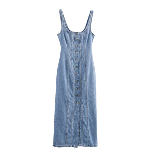 Women's Denim Fitted Dress Sleeveless Scoop Neck Button Front Midi Length