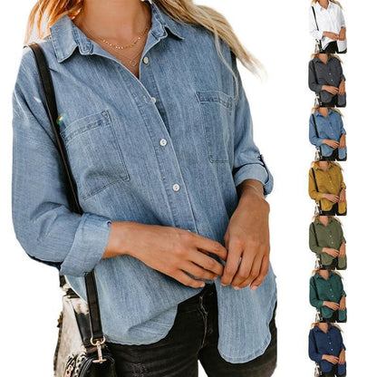 Women's Denim Style Lightweight Shirt Loose Fitting Double Pocket Long Sleeved Blouses