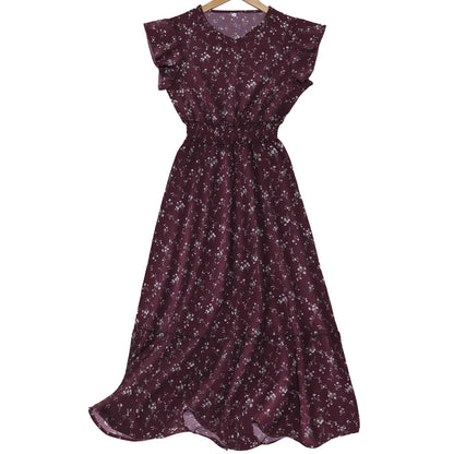 Women's Wine Floral Short Sleeve Elastic Waist Dress