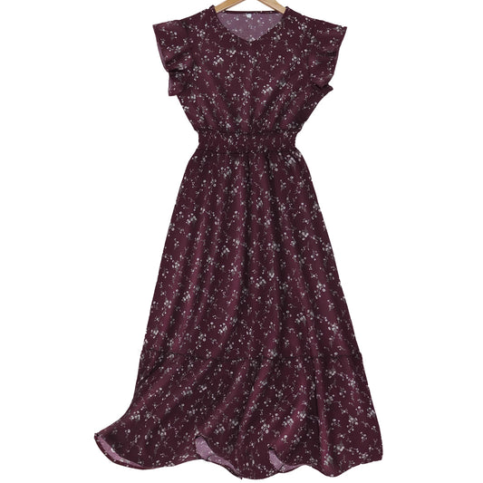 Women's Wine Floral Short Sleeve Elastic Waist Dress
