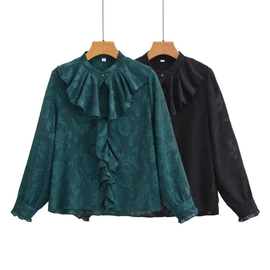 Women's Ruffle Frill Collar Layered Front Blouse Long Sleeve Top