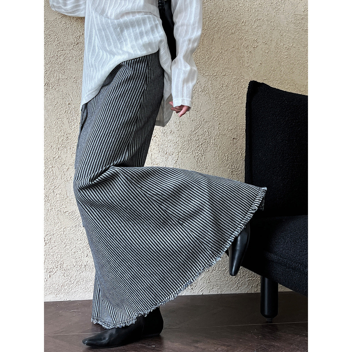 Women's Pinstripe Frayed Hem A-Line Maxi Skirt Waist Tie Belt