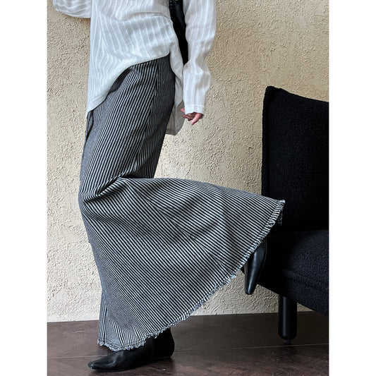 Women's Pinstripe Frayed Hem A-Line Maxi Skirt Waist Tie Belt