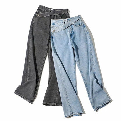 Women's Denim Jeans Retro Oblique Belt Design High Waist Straight Long Wide Leg