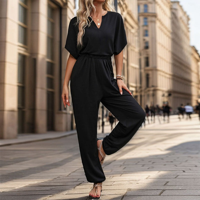 Women's Solid Colour Jumpsuit V-Neck Short Sleeve Fitted Waist Straight Leg Outfit