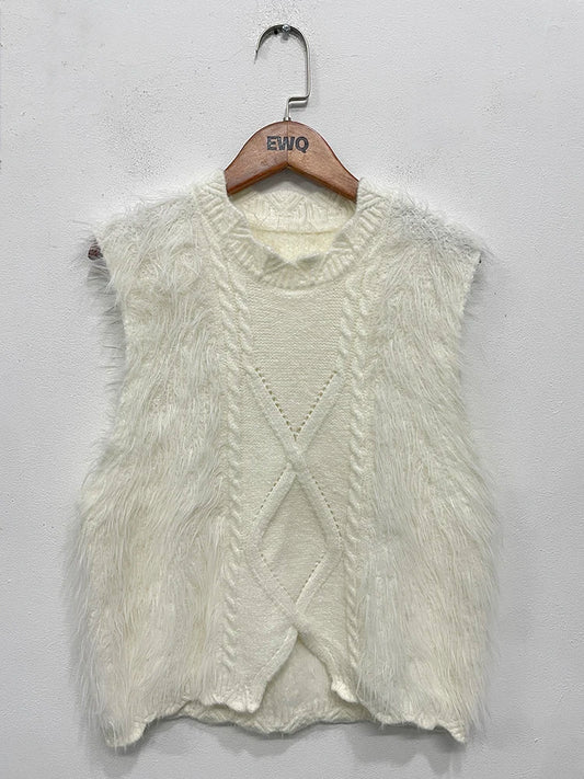 Women's Knitted Faux Fur Sweater Vest Elastic Round Neck Cotton Pullover Tank Top