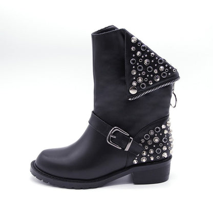 Women's Faux Leather Stud Rivet Detail Punk Calf Boots