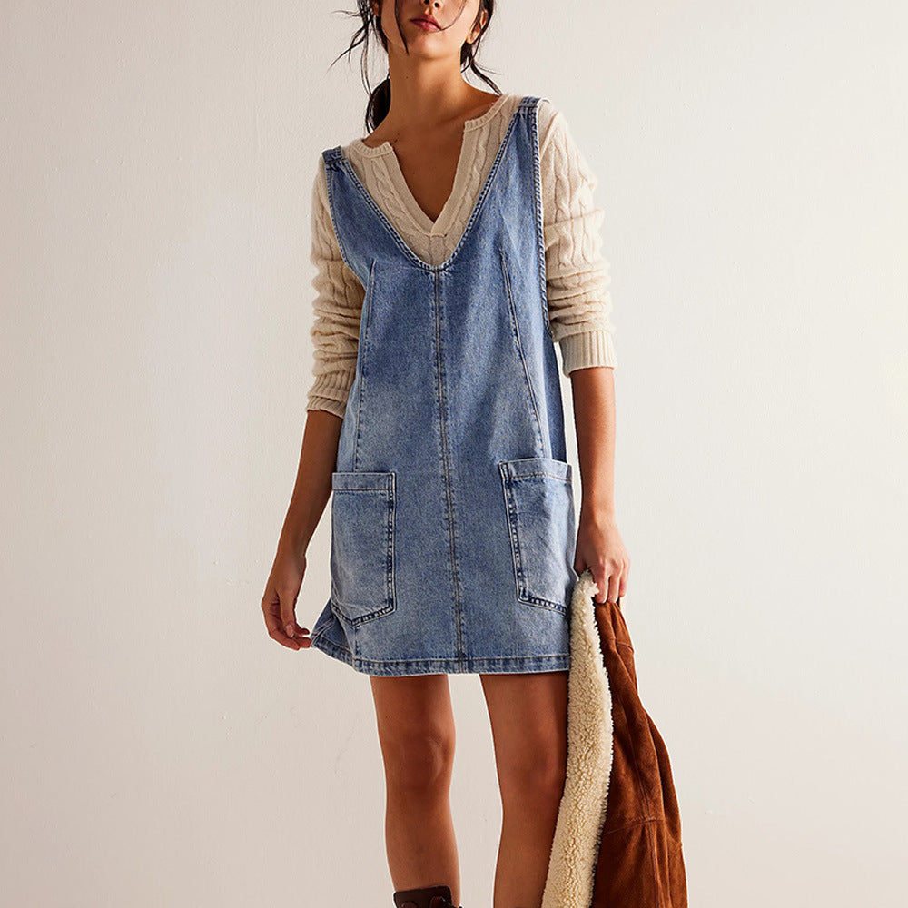 Women's Denim Pinafore Style V-Neck Backless Dress