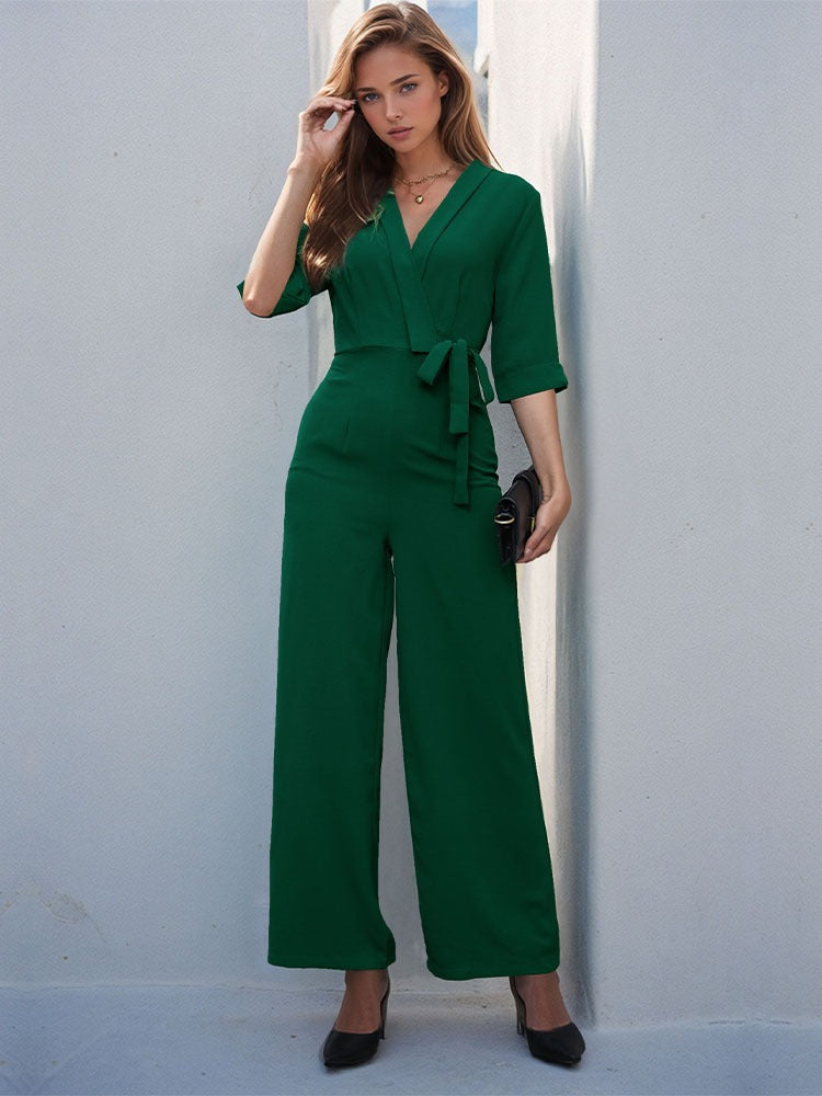 Women's Solid Green Jumpsuit V-Neck Mid Sleeves Tie Belt Waist Straight Leg Zip Back Outfit