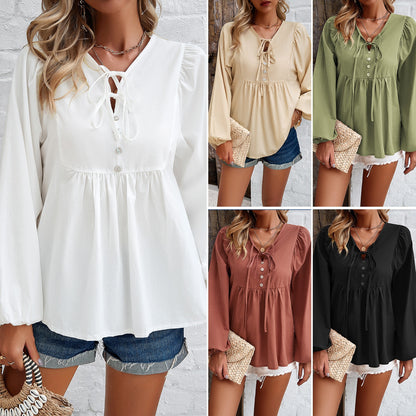 Women's Solid Colour Cotton Blouse V-Neck Loose Fit Long Sleeve Top