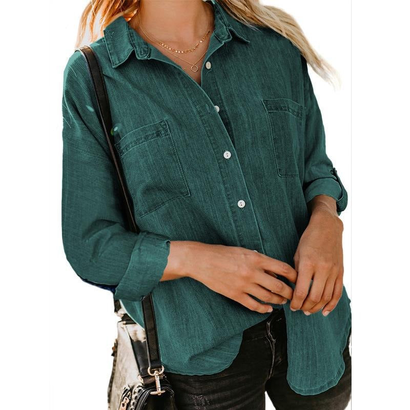 Women's Denim Style Lightweight Shirt Loose Fitting Double Pocket Long Sleeved Blouses