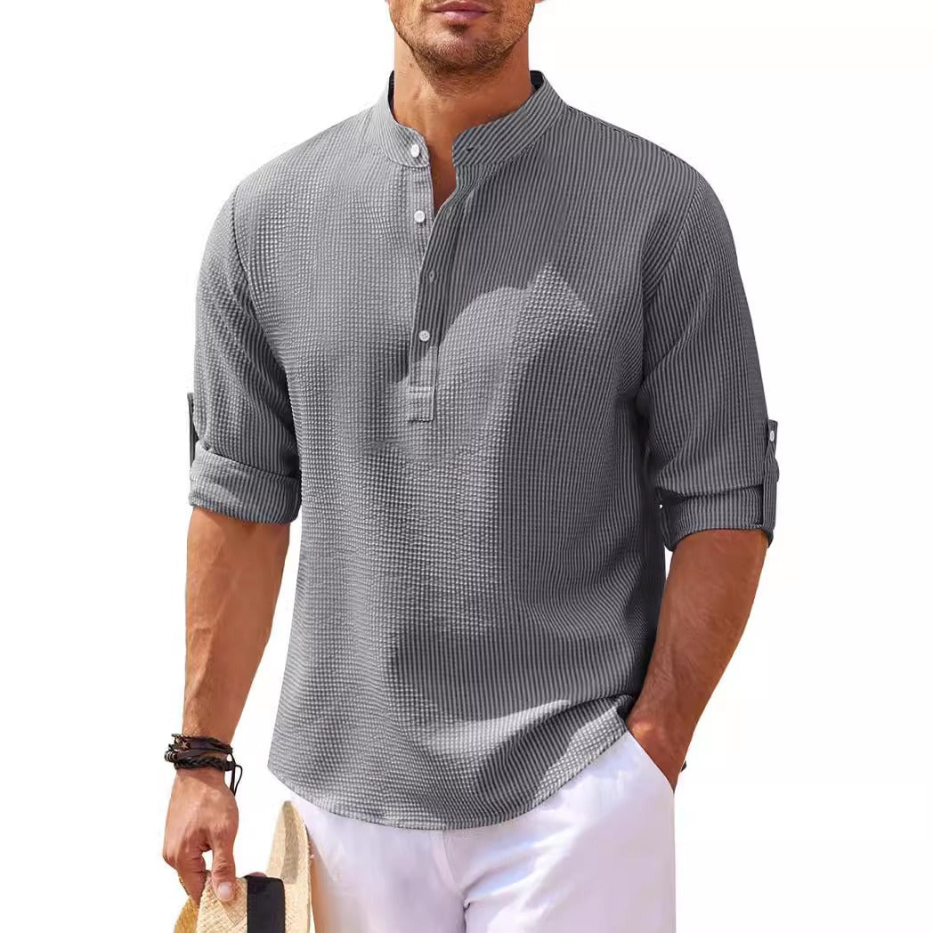 Men's Solid Colour Textured Cotton Shirt Long Sleeve Stand Up Half Open Collar T-shirt Sweater Top