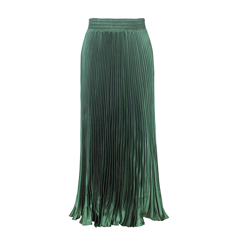 Women's Satin Metallic Pleated Maxi Skirt Long Organ Fan Long Length Elastic Waist