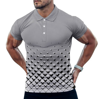 Men's Plus Size Monochrome Square Print Polo Shirt Button Collar Short Sleeve T-shirt Fashion Top All Sizes