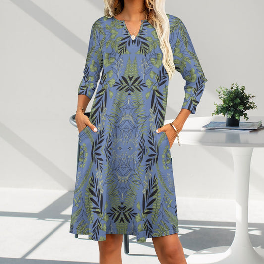 Women's Floral All-Over Print Dress Knee Length Long Sleeve Pockets V-neck All Sizes Plus Size