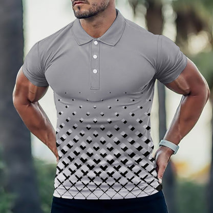 Men's Plus Size Monochrome Square Print Polo Shirt Button Collar Short Sleeve T-shirt Fashion Top All Sizes