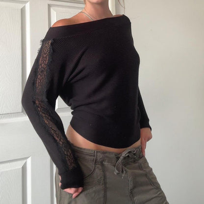Women's Black Off Shoulder Lace Sleeve Knit Jumper