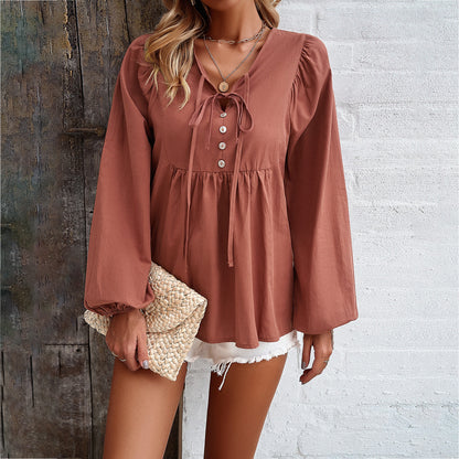 Women's Solid Colour Cotton Blouse V-Neck Loose Fit Long Sleeve Top