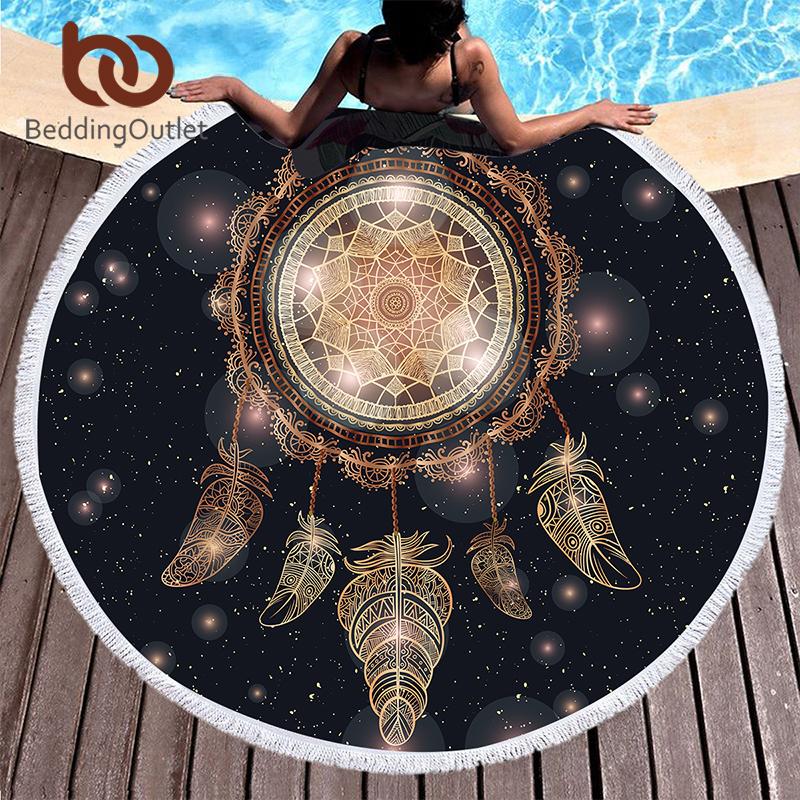 Dreamcatcher Mandala Round Tassel Edge Fleece Blanket Microfibre Beach Towel Yoga Mat 150cm