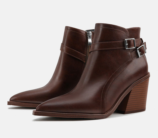 Women's Faux Leather Pointed Toe Thick Heel Ankle Boots