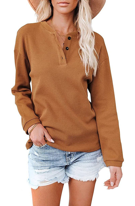 Women's Solid Colour V-Neck Long Sleeved Top Button Collar Round Neck Sweater