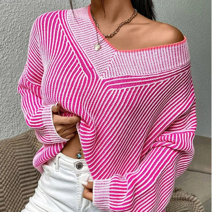 Women's Knitted V-Neck Off Shoulder Jumper Loose fit Batwing Long Sleeve Pullover Sweater